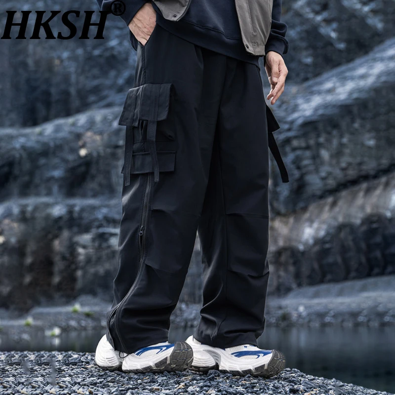 

HKSH Autumn Winter New Man Trend American Safari Style Zipper Pleated Loose Straight Casual Fashion Techwear Cargo Pants HK13990
