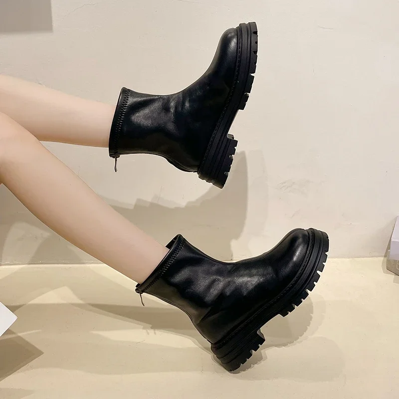 Autumn Chunky Women Chelsea Boots Fashion Back Zippers Thick Heel Short Booties Retro Style Street Style Female Shoes