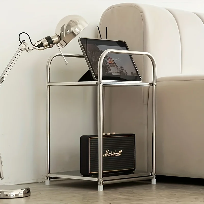 Modern Stainless Steel Side Table Silvery Nightstand Home Storage Shelf for Sofas And Kitchens Practical Shelving Unit