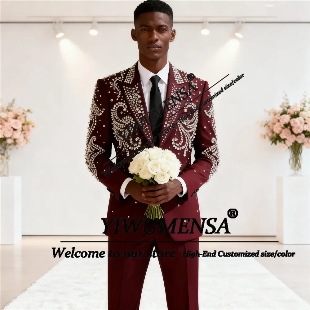 

Luxury Beaded Stones Suit Attire For Men Single Breasted Prom Blazers Customized 2 Pieces Costume Homme Groom Wedding Tuxedos
