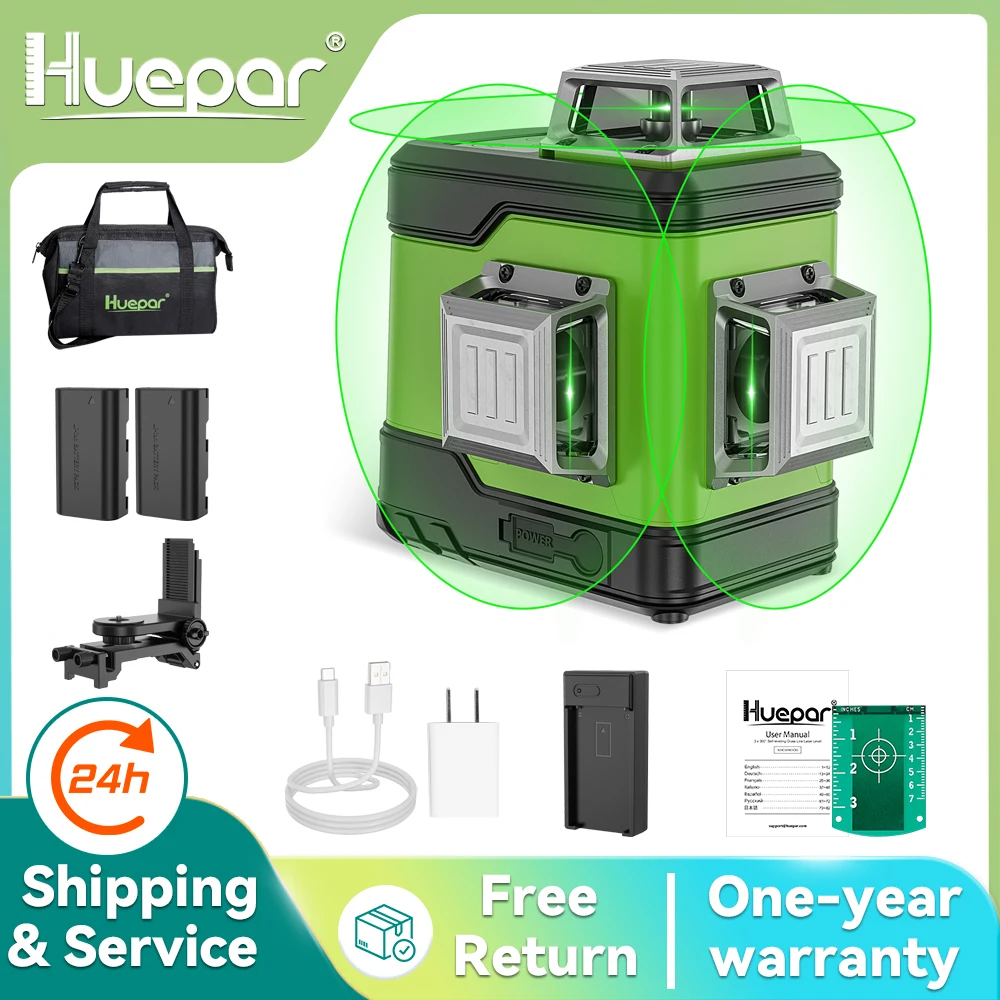 Self-nivelamento Green Beam Ferramenta Laser 12 Linhas 3d Linha Cruzada 3×360 Pcs Li-ion Bateria Bolsa Portátil Huepar3d