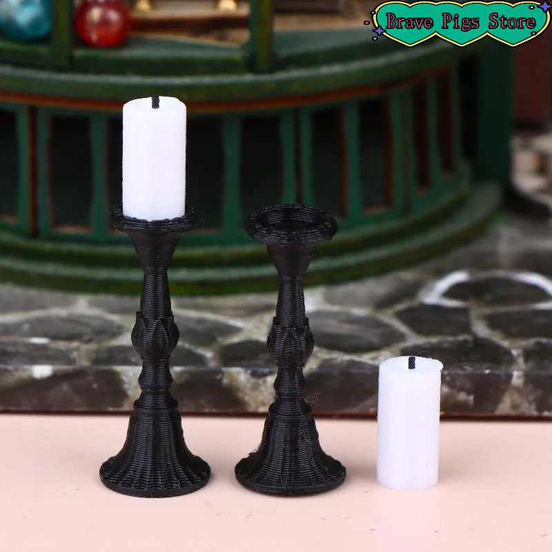 2Pcs Miniature Retro Candle Holder Set With 2 Candles Dollhouse Simulation Candlestick Model Dolls House Mini Scene Decoration