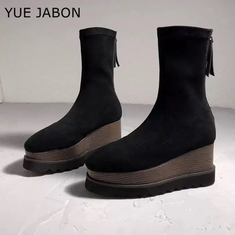 Black Platform Women Suede Ankle Boots Shoes Ladies Slim Leg Elastic Stretch Zipper Boots Woman Sheep Suede Western Short Boots