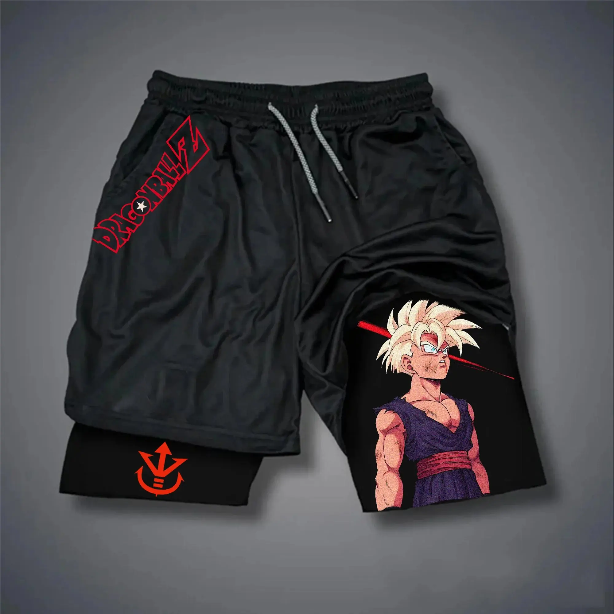 Dragon Ball Z pantalones cortos de algodón negro hombres mujeres Vegeta pelo dorado traje púrpura energía roja Anime batalla Pose blanco cordón 2025 ​