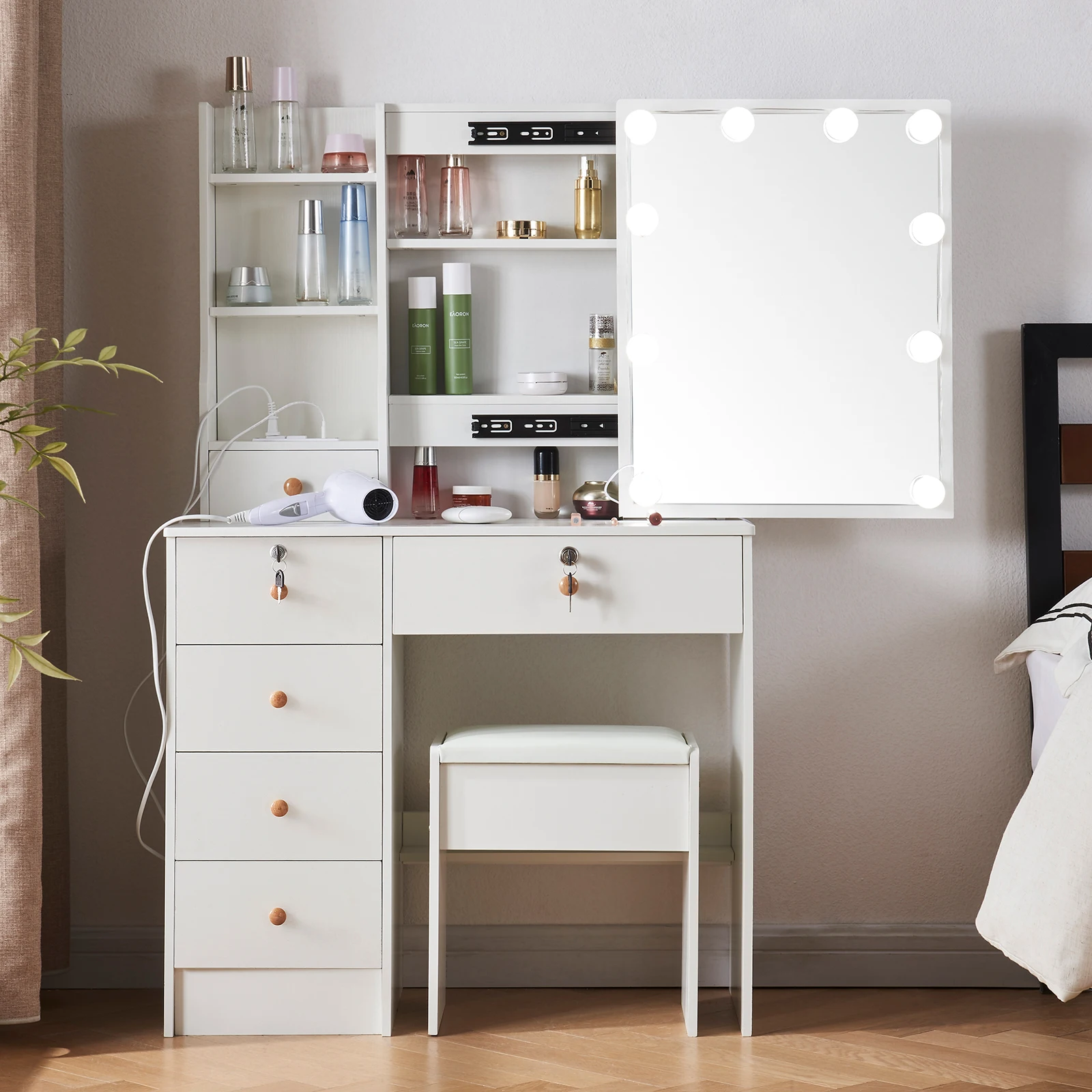 Vanity Desk with Mirror and Lights-3 Color and Brightness Adjustable, Vanity Set with Drawers and Stool,