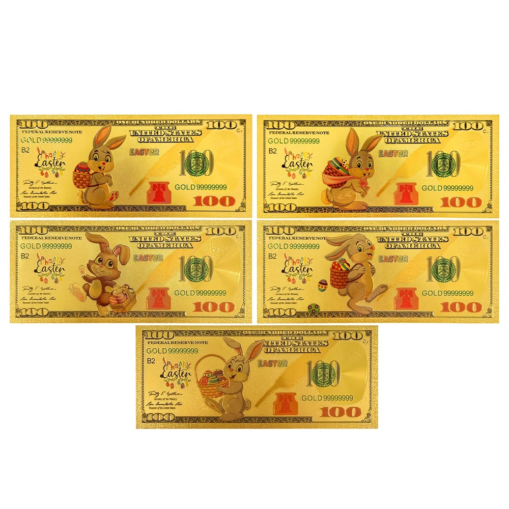 5designs 24K Gold Foil Easter Bunny Commemorative Banknote Set US Dollar Style Rabbit Colorful Egg Motifs Collection Card Gifts