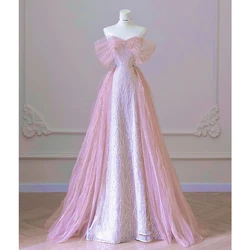 custom Exquisite Pink Beaded Sequins Wedding Dress Evening Party Gown with Detachable Tulle Train Birthday Dresses