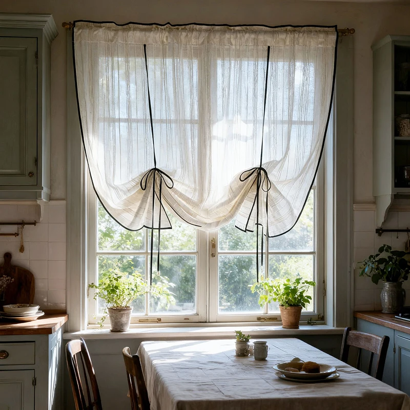 Französischer Retro-gestreifter kleiner Vorhang in Beige, halbtransparent, staubdicht, durchsichtiger Trennwandvorhang für Küche, Wohnzimmer, Tür – Detail 5