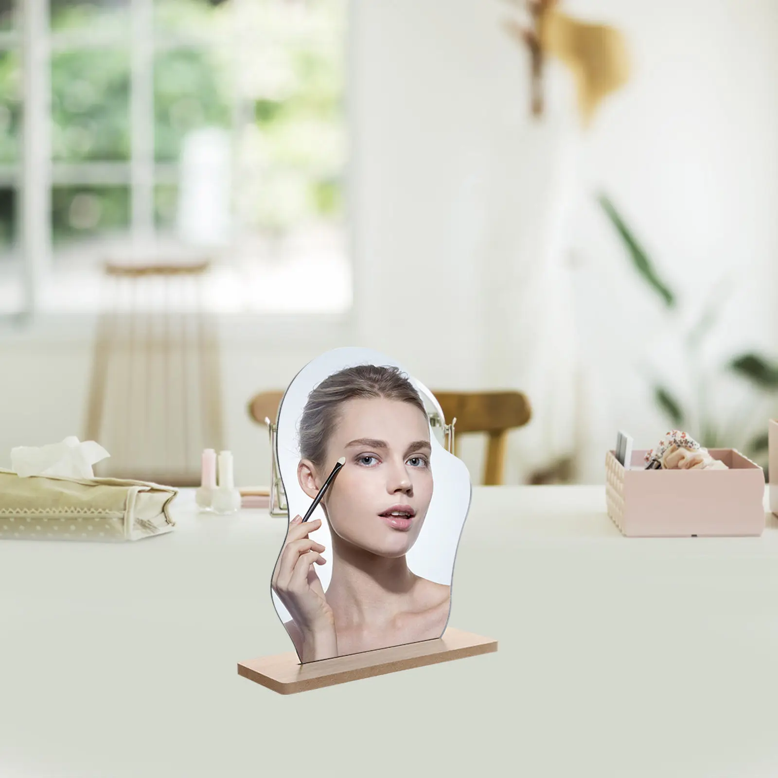 

1Set Cloud Mirror Aesthetic Irregular Table Makeup Mirror Portable Desktop Decorative Wooden Stand Bedroom Vanity