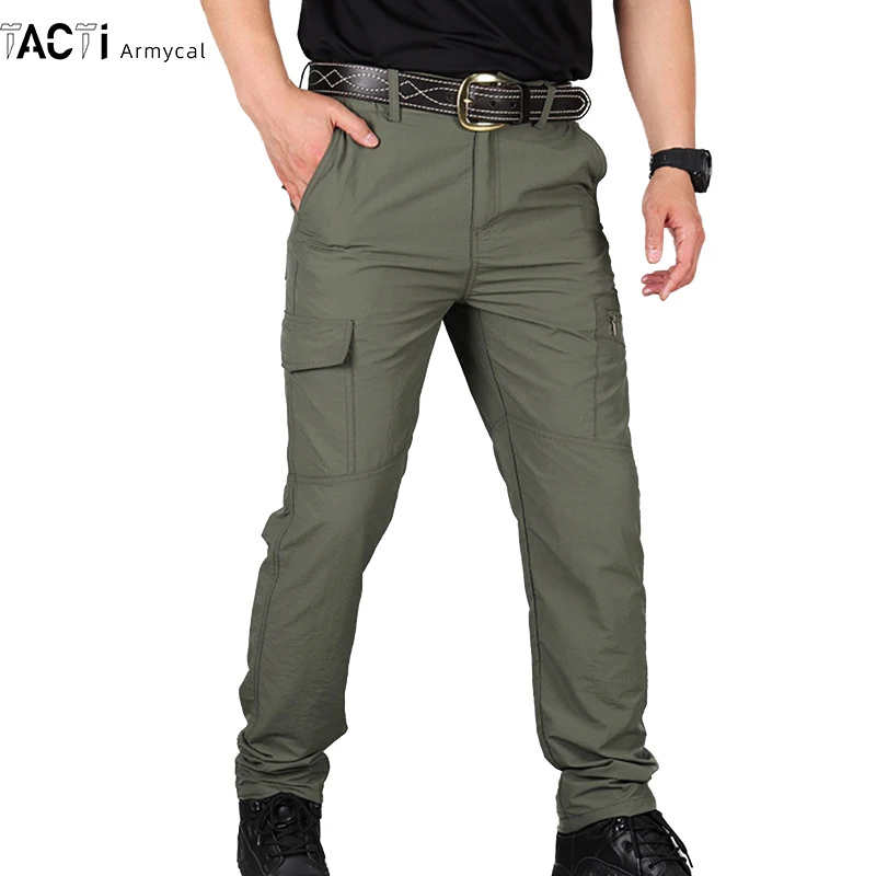 2024 Men's Tactical Casual Pants Thin Breathable Summer Casual Long Trouser Male Slim Waterproof Quick Dry Pocket Cargo Pants