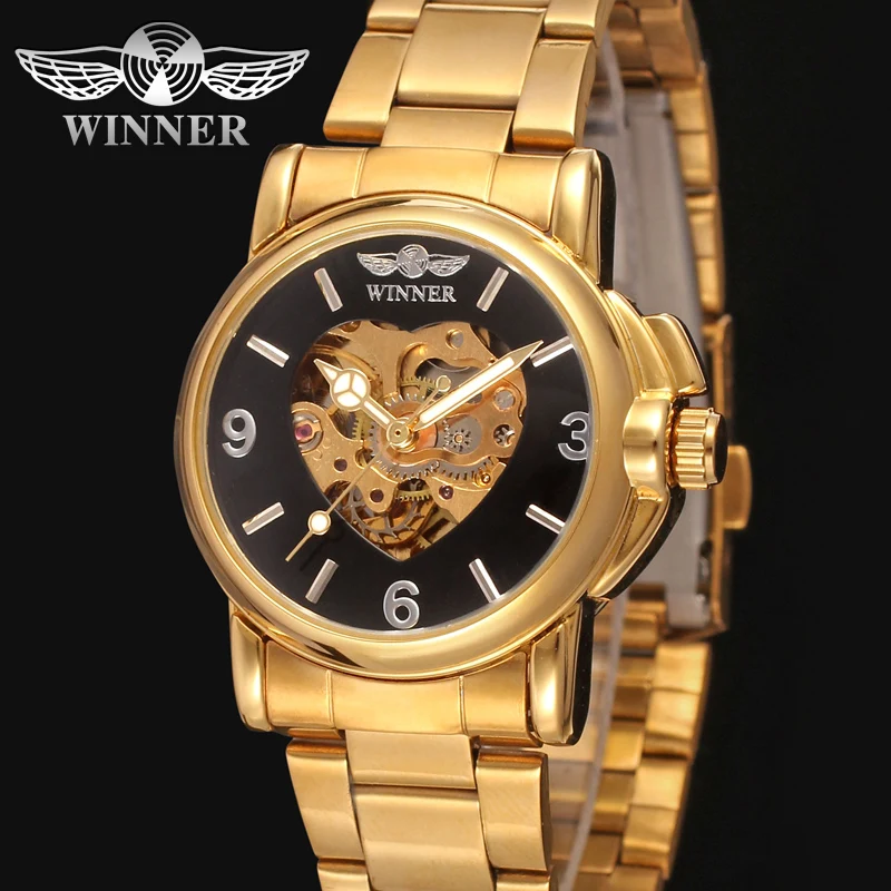 T-winner Watch Round heart pattern Watch Hollow pin Digital mechanical watch Gold strap Wrist watch Women's Watch