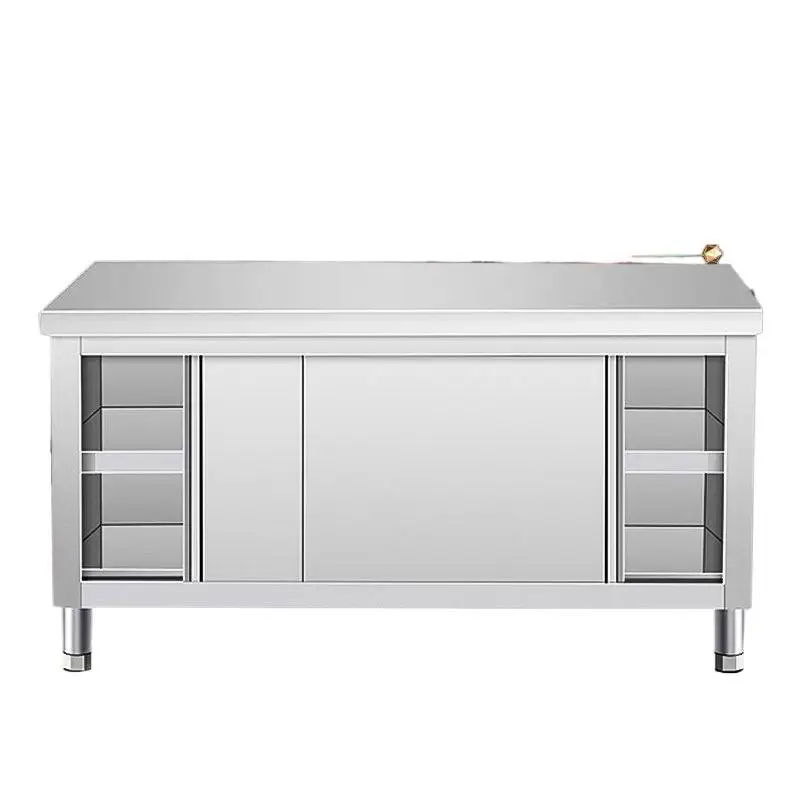 

Stainless steel workbench, kitchen operation countertop, locker, vegetable cutting table with sliding door chopping board