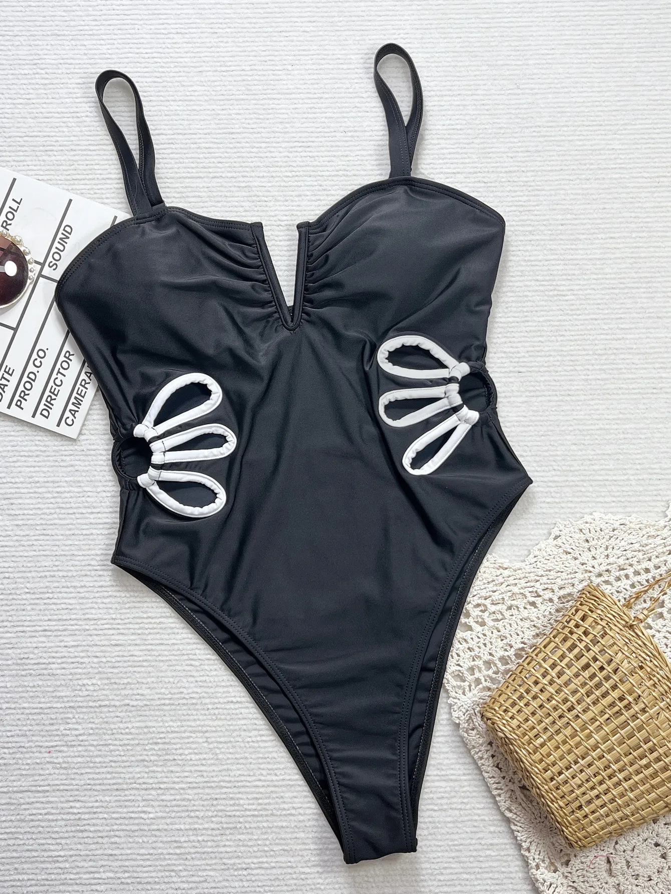 Solid V Neck One Piece Swimsuit Women Swimwear Female Bather Bathing Suit Hollow Out Swim Monokini Trikini
