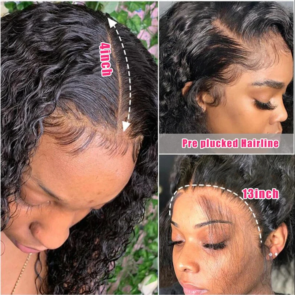 13x4 Deep Wave Lace Front Wigs Human Hair 200% Density 18 Inch Curly Human Hair Wig for Women Natural Black HD Transparent Lace