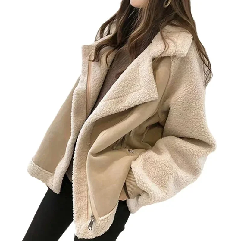Women Thick Quilted Coats Jackets Y2k Tops Autumn Winter Lamb Wool Coat Zipper Jacket Suede Fabric Pockets Biker Streetwear