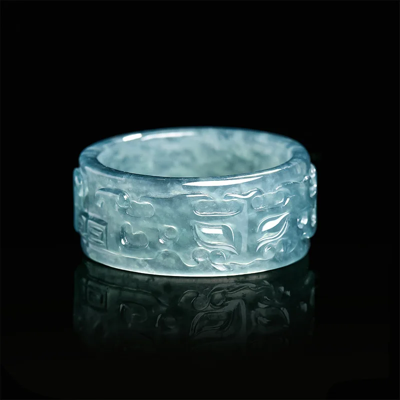 Natural Jade Blue Water Exquisite Hand-carved Auspicious Beast Ring Ice Jade Personalized Man Women Couple Commemorative Gift