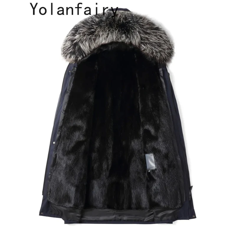 

YOLANFAIRY Men Parkas Natural Fur Coat Detachable Mink Fur Liner Jacket Hooded Fox Fur Collar Winter Mid-long Warm Jackets Oats