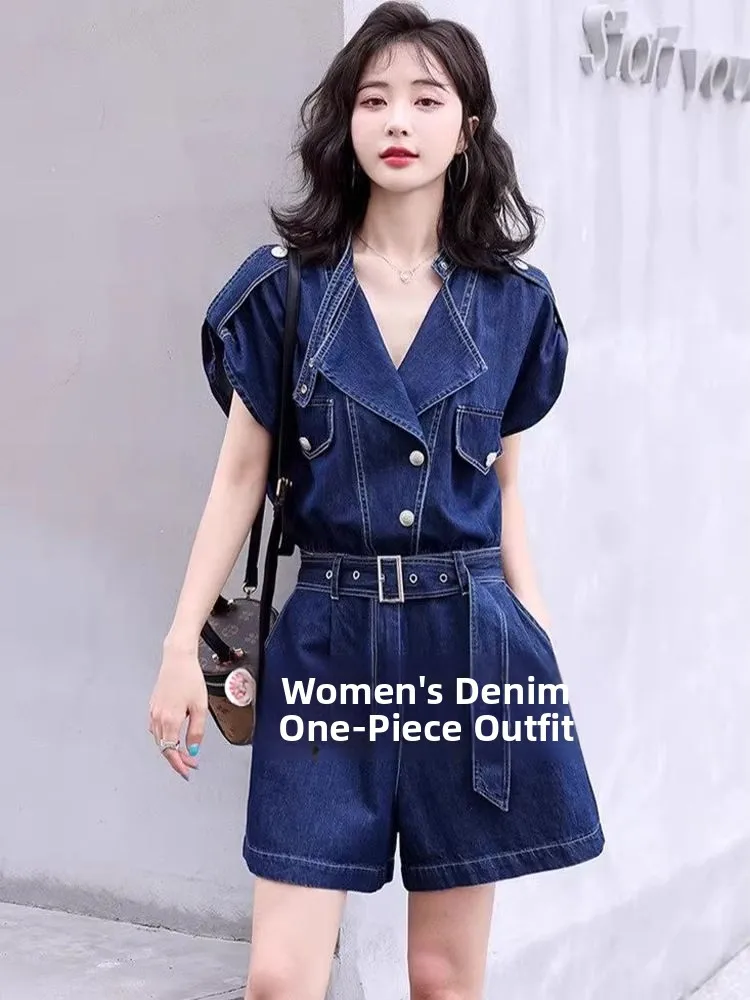 

Spring Summer 2025 Women's Denim Jumpsuit Casual Loose ort Sve High Waist Cargo Pants Cotton Fabric Faionable Slimming
