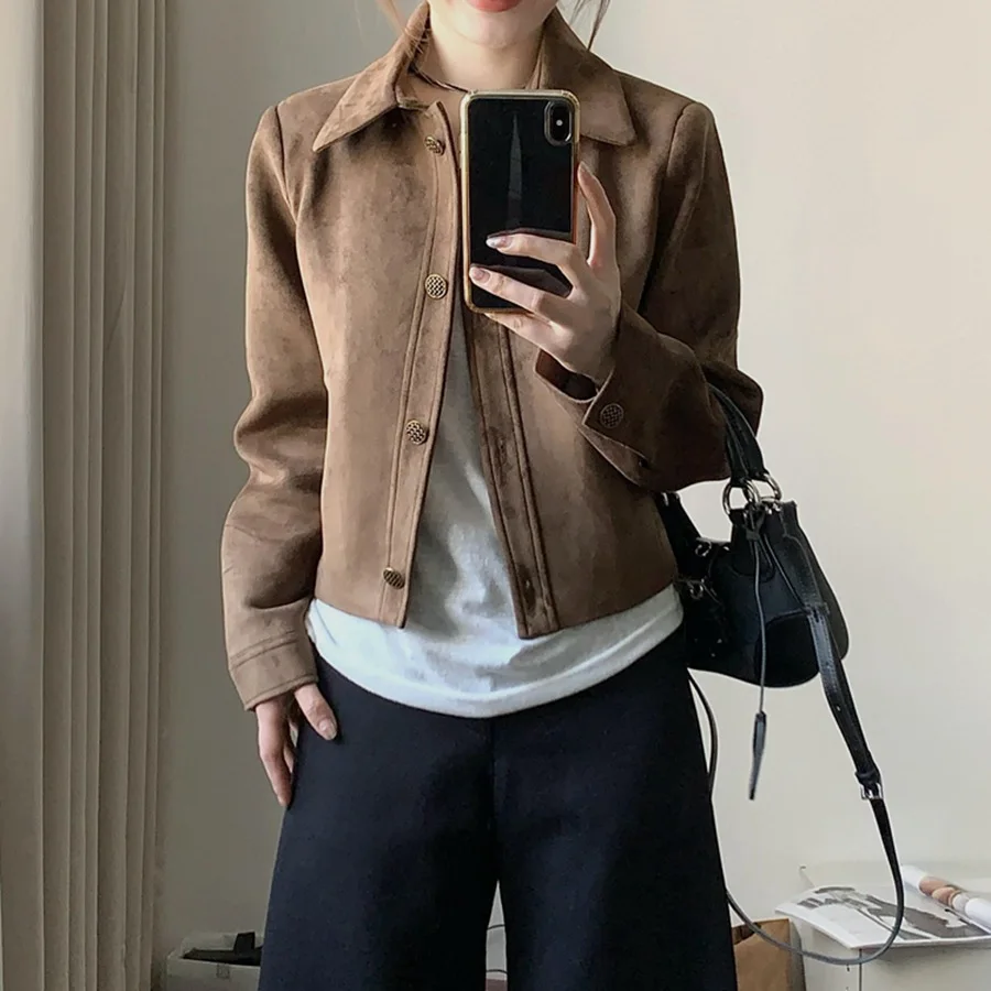 Giacca corta in pelle scamosciata da donna, vestibilità ampia e sottile, autunno inverno, nuovo stile vintage, bottoni, moda casual, top coat alla moda sexy