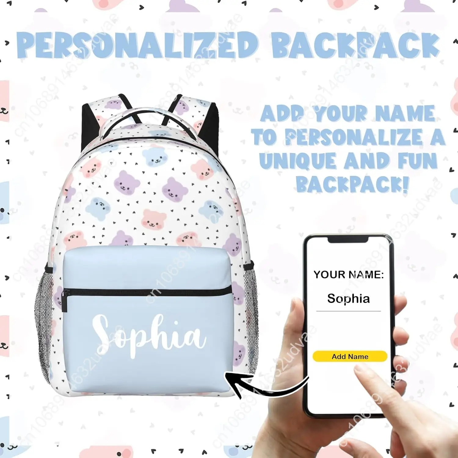 Personalized Backpack for Girls Boys, Custom Backpacks with Name for Kids, Customized Little Bear School Bookbag for Back to Sch