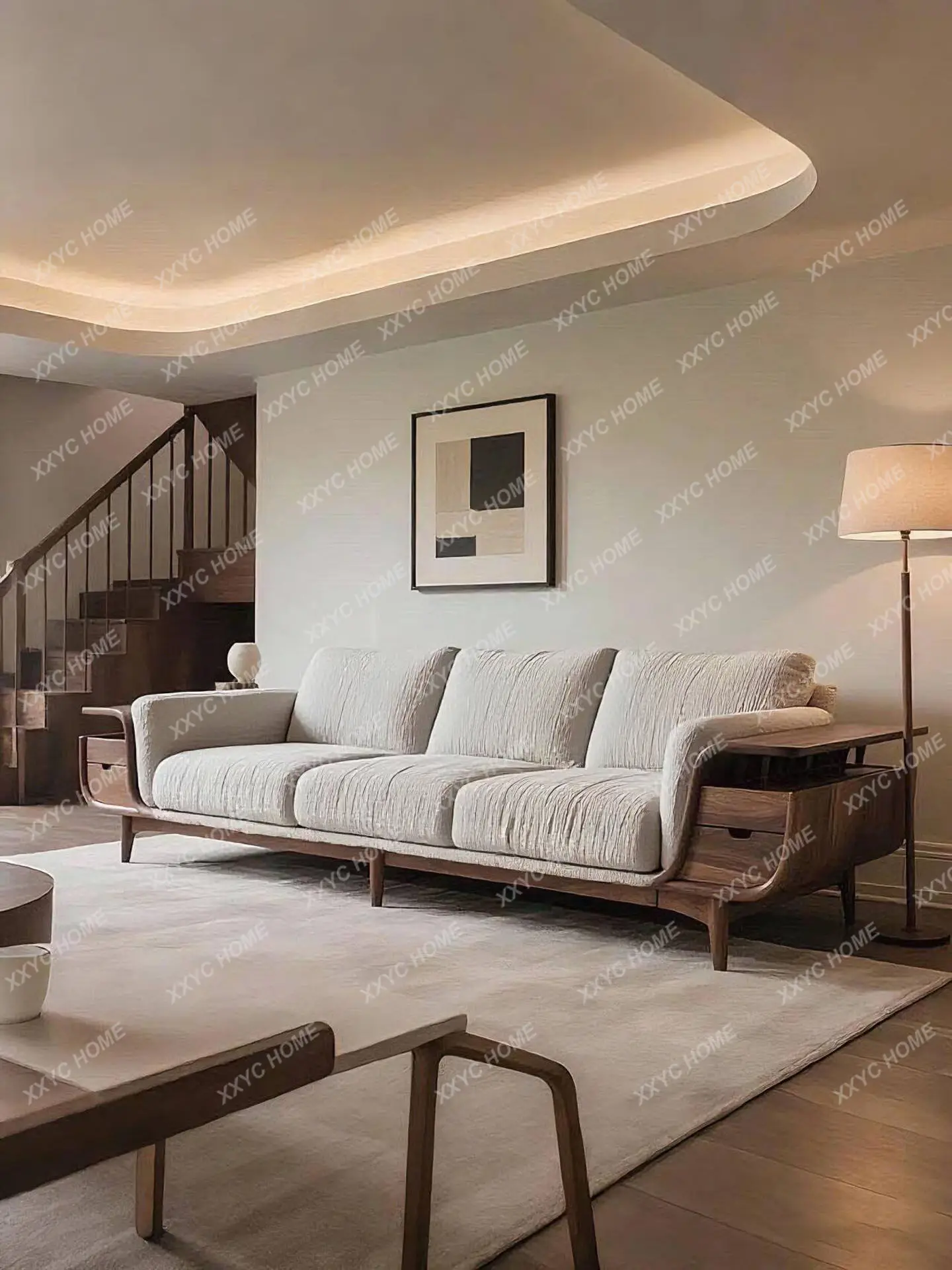 

Straight row sofa villa living room minimalist style solid wood fabric sofa