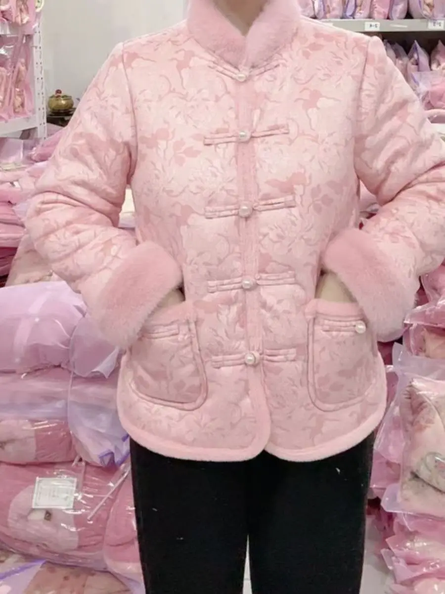 

Новая китайская женская зимняя куртка: утепленная, на флисовой подкладке, на пуговицах, в стиле ретро, маленький размер, хлопковое пальто прямого кроя