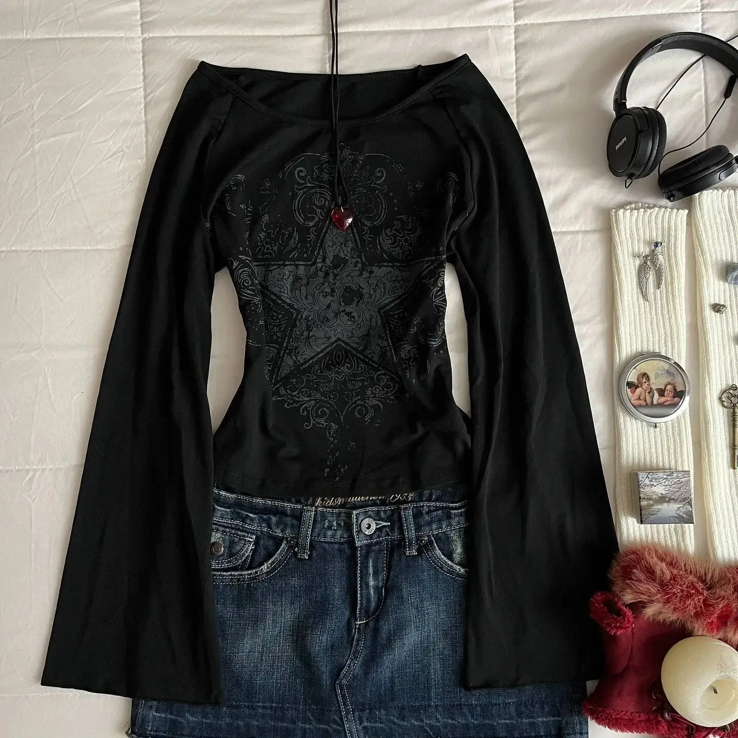 レトロヒップホップ Y2K グランジ エモ柄トップス レディース ホットガール エステティック ゴシック ストリートウェア プリント カジュアル 長袖Tシャツ