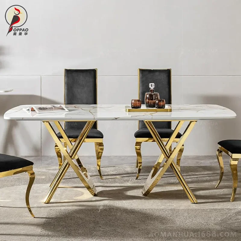 Italian modern light luxury rock slab dining table household stainless steel rectangular dining table