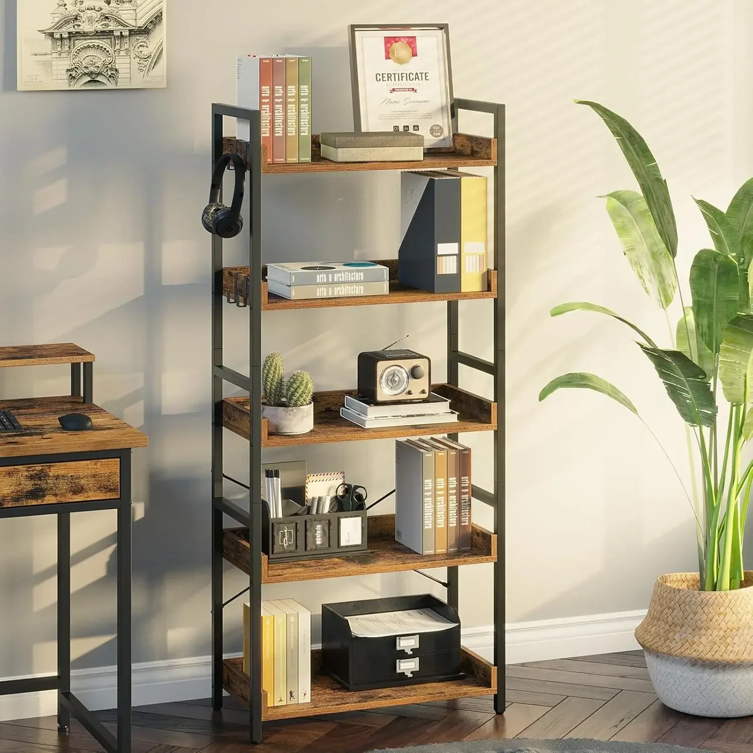 Bookshelf 5 Tier with 4 Hooks, Industrial Wood Bookcase, Vintage Storage Rack with Open Shelves, Rustic Standing Bookshelves