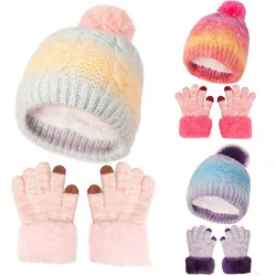 Kids Winter Hat Gloves Set Girls Knitted Colorful Glove Cute Pompom Beanie Hats Outdoor Soft Warm Children Protective Sets 4-6Y