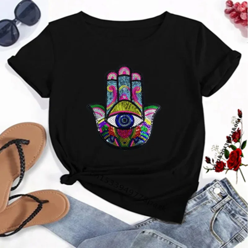 Hamasa mão de fátima impressão camisetas femininas sorte hamsa mão harajuku unissex t camisas verão manga curta preto topo t feminino