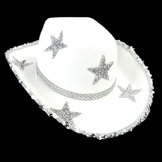 Diamond Glitter Western Hat for Women Fashion Rhinestone Star Wide Brim Cowgirl Caps for Wedding Music Costume Party