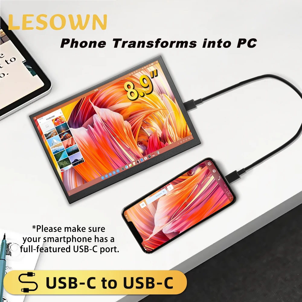 LESOWN USB C 8.9 inch Portable Monitor 1920x1200 IPS Touchscreen Metal Casing External Small Wide Display for Smartphone PC