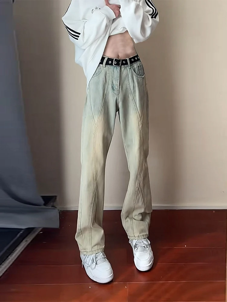 

American Retro Men's Jeans Autumn Spring High Street Yellow Mud Color Splicing Slim Straight Leg Micro Flared Pants