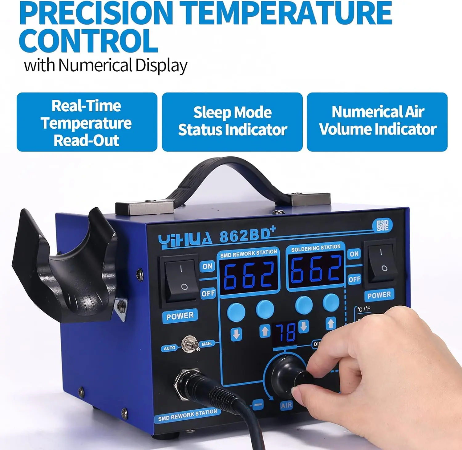 862Bd+ Smd Esd Safe 2 In 1 Soldering Iron Hot Air Rework Station °F /°C With Multiple Functions