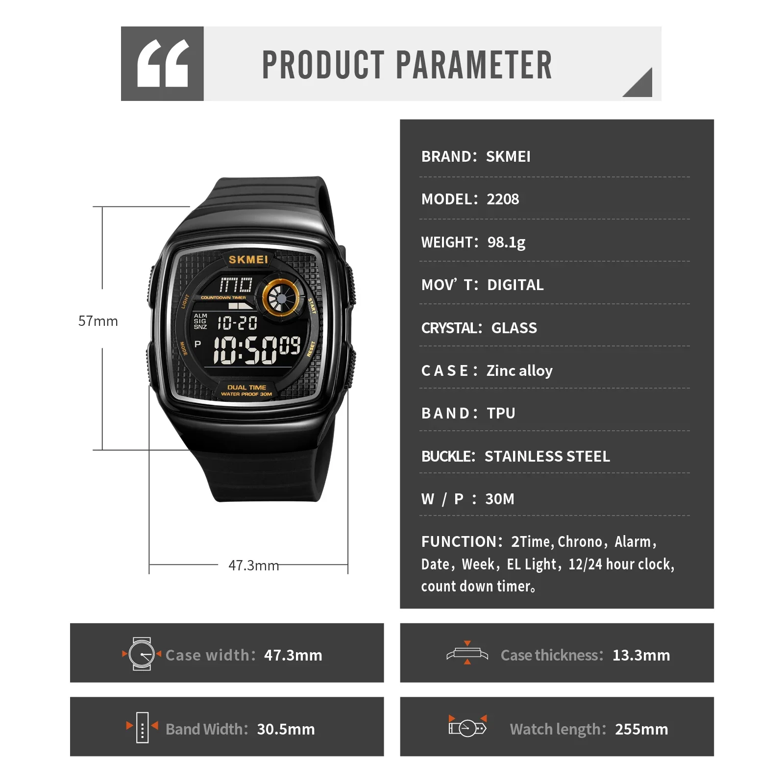 SKMEI 2208 reloj hombre Digital Movement Countdown Sport Watches Mens Casual Back Light Waterproof Stopwatch Alarm Wristwatch