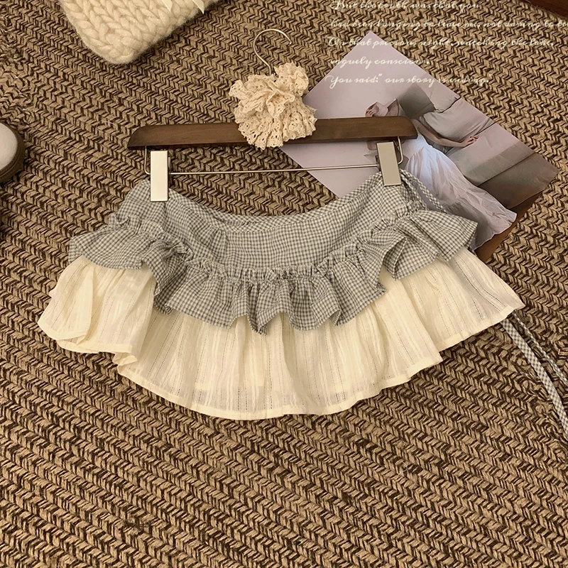 Plaid Patchwork Mini Skirt Women Summer Ruffles Sweet Bandage Vintage Skirts Loose Casual Layered Butt Curtains Kawaii Skirt New