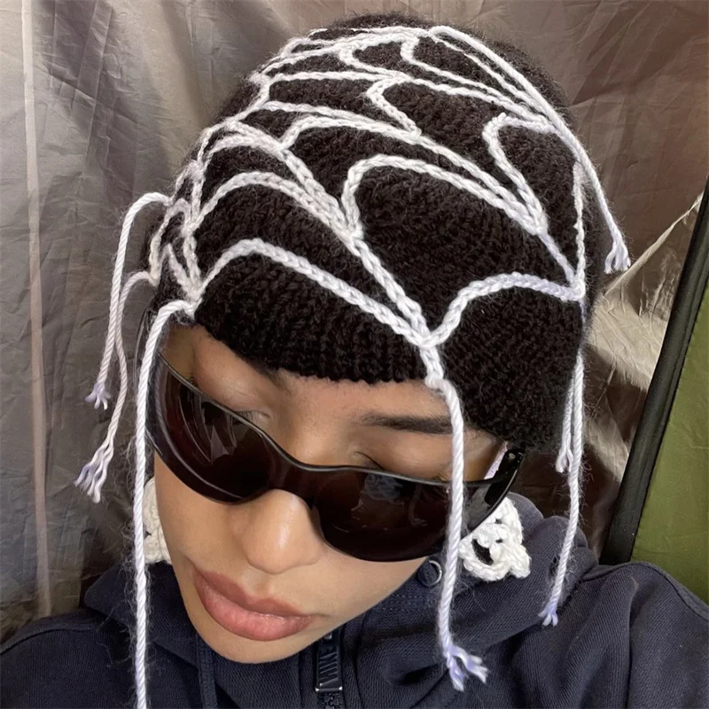 Streetwear Punk Winter Knitted Hat Fashion Hip Hop Cap Unisex Spider Web Jacquard Weave Warm Beanies For Men Women