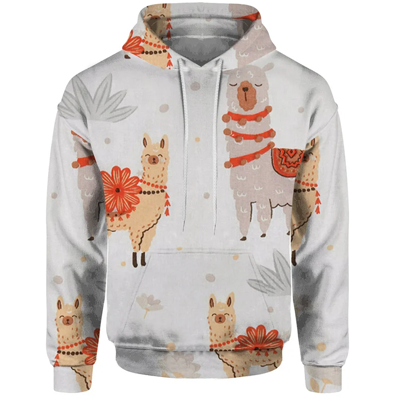 Cartoon Alpaca Pattern Hoodies Fashion Streetwear Long Sleeve Cute Animals 3D Printed Sweatshirt Mens Casual Comfort Pullovers