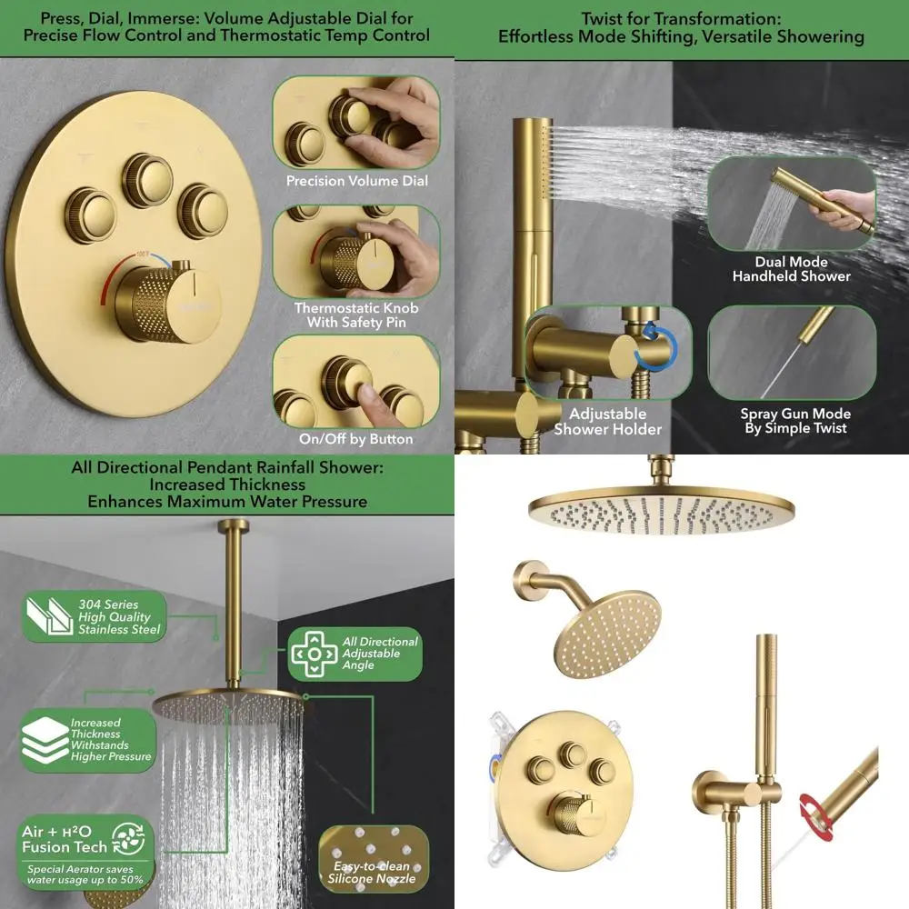 

Brushed Gold 12 Ceiling Shower System with Push Button Diverter and Dual Shower Heads