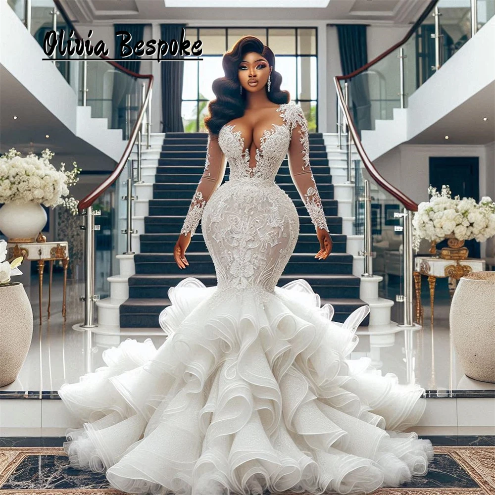 

Charming Tiered Ruffles Wedding Dresses For Brides 2024 Long Sleeves Lace Appliques Aso Ebi Mermaid Africa Engagement Customized