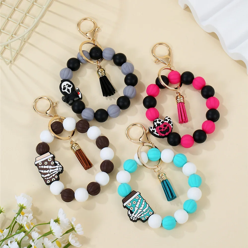 Cartoon PU Leather Tassel Keychain Creative Color Silicone Bead Keychain Women's and Men's Bracelet Keychain Jewelry Gift