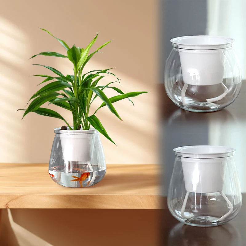 

Double Layer Transparent Plastic Flower Pot Water Uptake Desktop Green Plants Potted Home Decorations