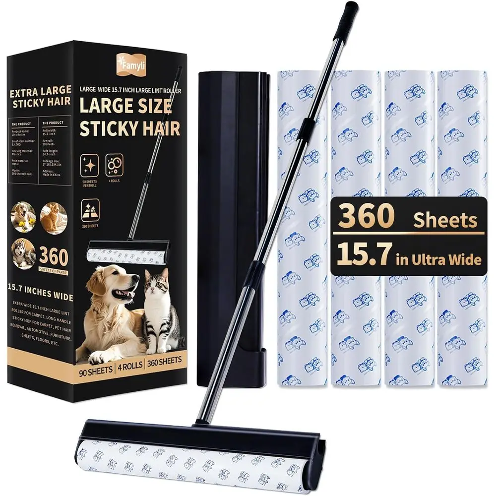 

Extra Sticky Rollers for Carpet, Floor, and Pet Hair Removal with 360 Sheets and Long Handle