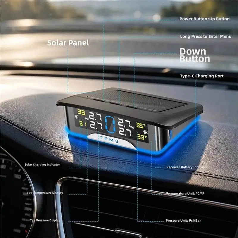 AT92-IP67 Waterproof Wireless Tire Gauge SUV Monitor Solar Charging High/Low Pressure Alarms For Long-Distance Vehicles External