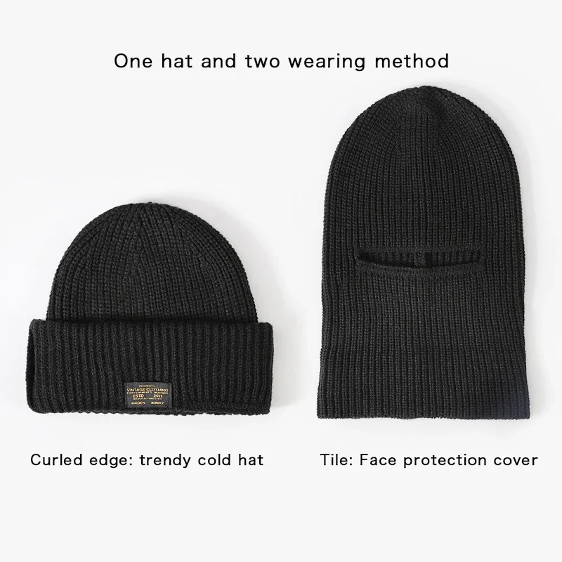 2 in 1 Mask Beanie Full Face Cover Winter Man Thicken Knitted Warmer Hat Outdoor Ski Skate Windproof Ear Protection Bonnet Hats