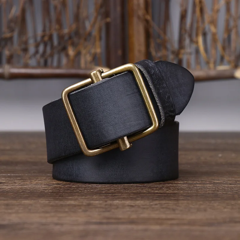 Fashionable Men's No-Hole Leather Belt with Smooth Buckle Top Layer Cowhide Retro Minimalist Cowboy Waistband