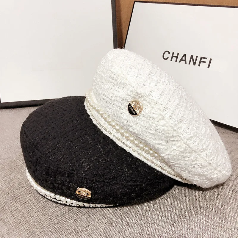 Autumn Luxury Design Pearl Chain Women\'s Beret Cotton Linen M Letter Casual Painter Hat Winter French Berets Hat Cap for Women