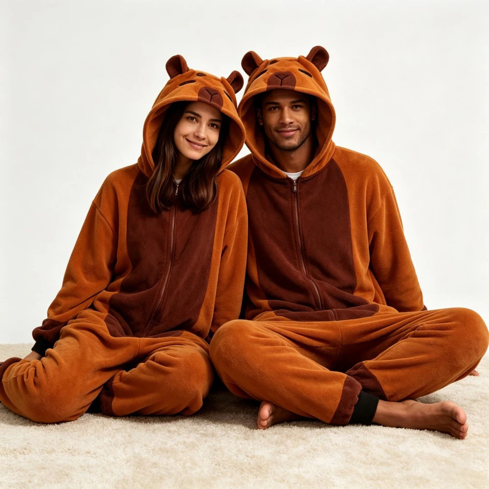 Adult Hooded Capybara Animal Pajamas Soft Flannel One Piece Onesie, Warm Winter Sleepwear For Men Women Daily Home Wear