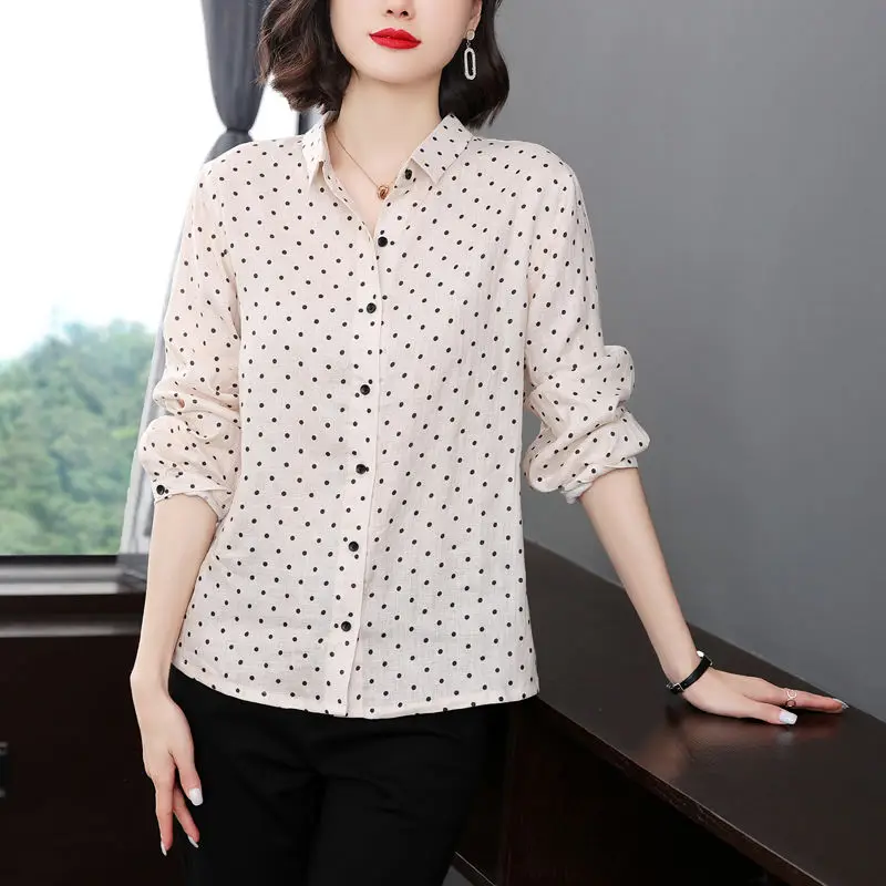 Female Clothing Polka Dot Printed Blouse Commute Long Sleeve Korean Single-breasted 2023 Spring Autumn Polo-Neck Straight Shirt